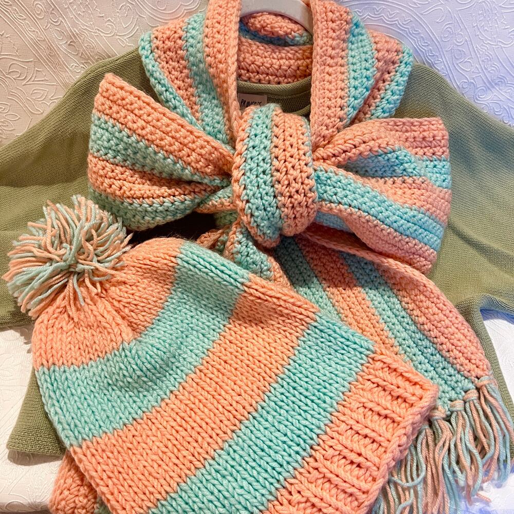 Pink and Green Striped Knit Winter Hat and Scarf Oversized Handmade Whoville